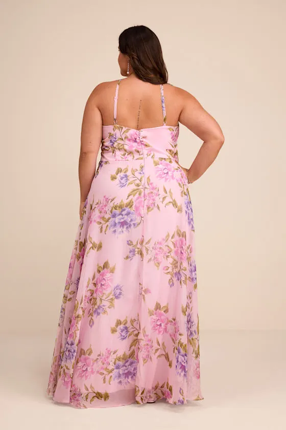 Romantic Marvel Navy Floral Print Halter Neck Maxi Dress