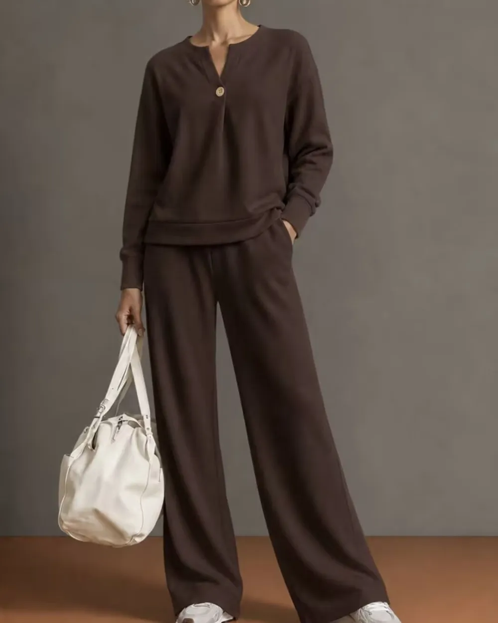 V-Neck One-Button Sweatshirt Set