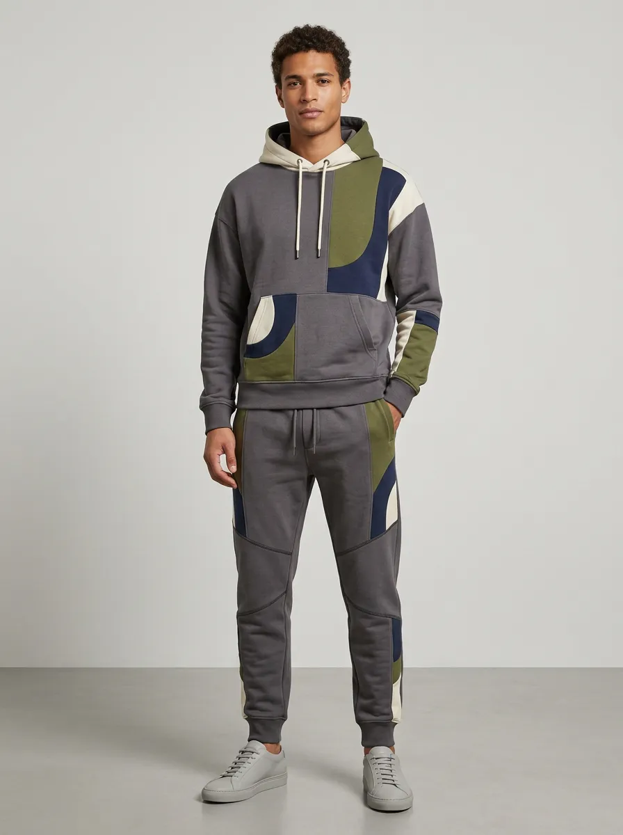 Men's Sportswear Colorblock Patchwork Printed Hoodie Jogger Set