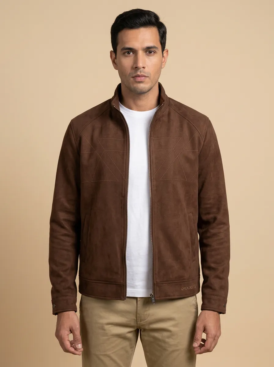 Suede Geometric Stitched Zip Jacket