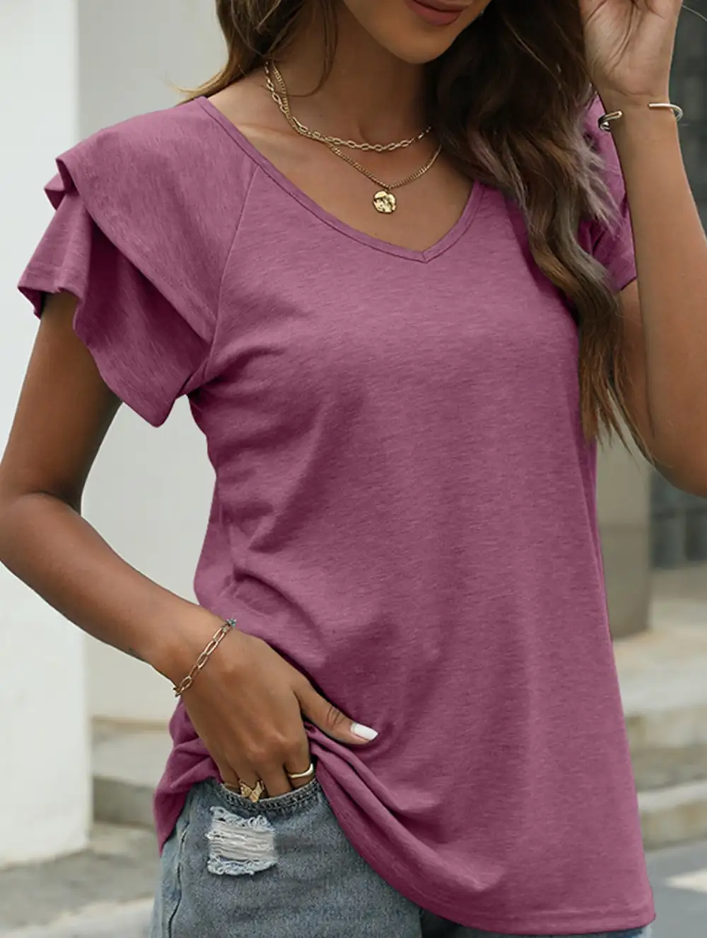 Solid Color V-Neck Ruffle Sleeve T-Shirt