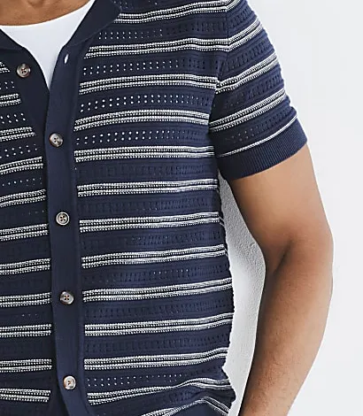 Fashion Casual Navy Blue Striped Texture Men's Short Sleeve Shirt