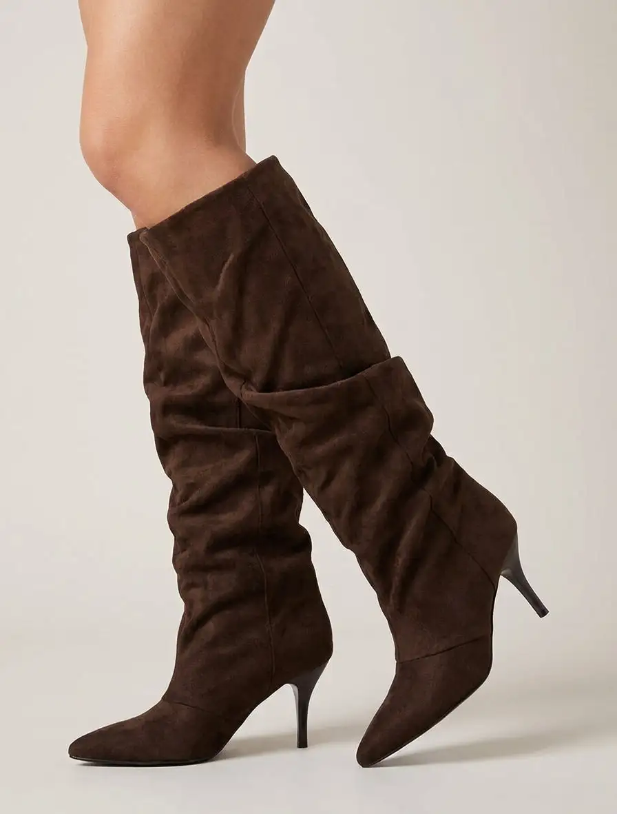 Clean Line Block Heel Faux Suede Knee High Boots
