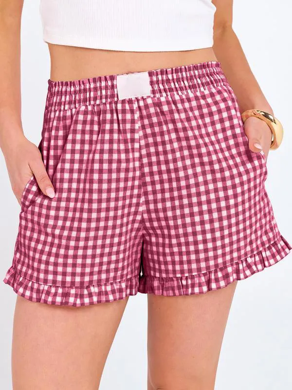 Women's Casual Lounge Sleep Plaid Ruffle Boxer Shorts Pajama Gingham Beach Bottoms Pockets