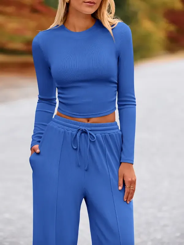 Women's 2-Piece Ribbed Knit Long Sleeve Crop Top Wide Leg Pants Matching Lounge Set Loungewear