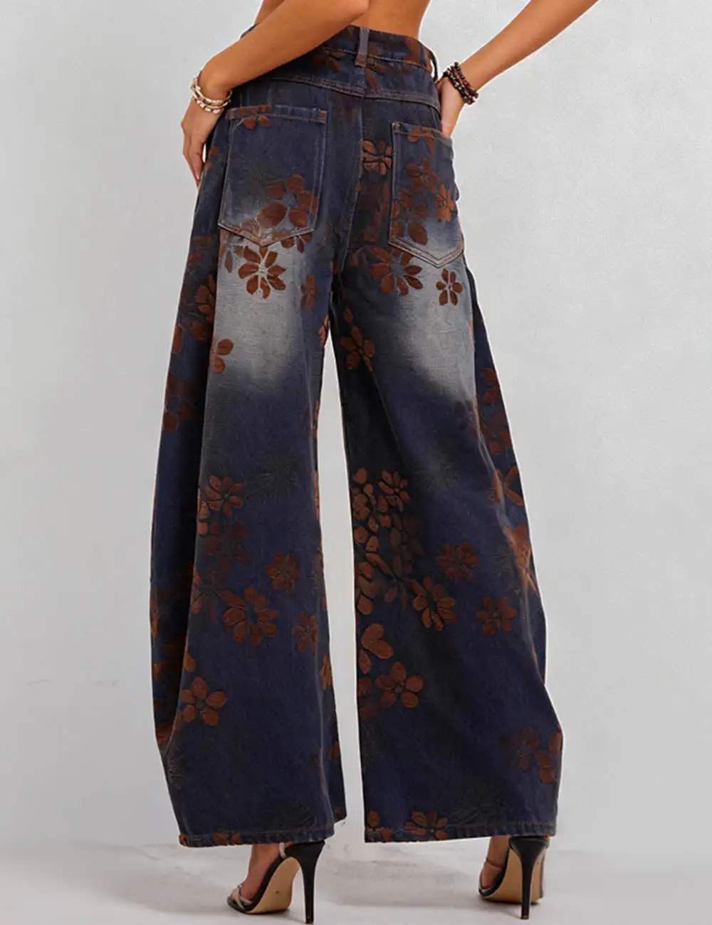 Floral Print Fleece Lined Wide Leg Barrel Denim Pants