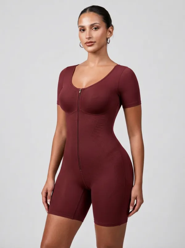 Women's Brown Front-Zip Short Sleeve Sculpting Bodysuit