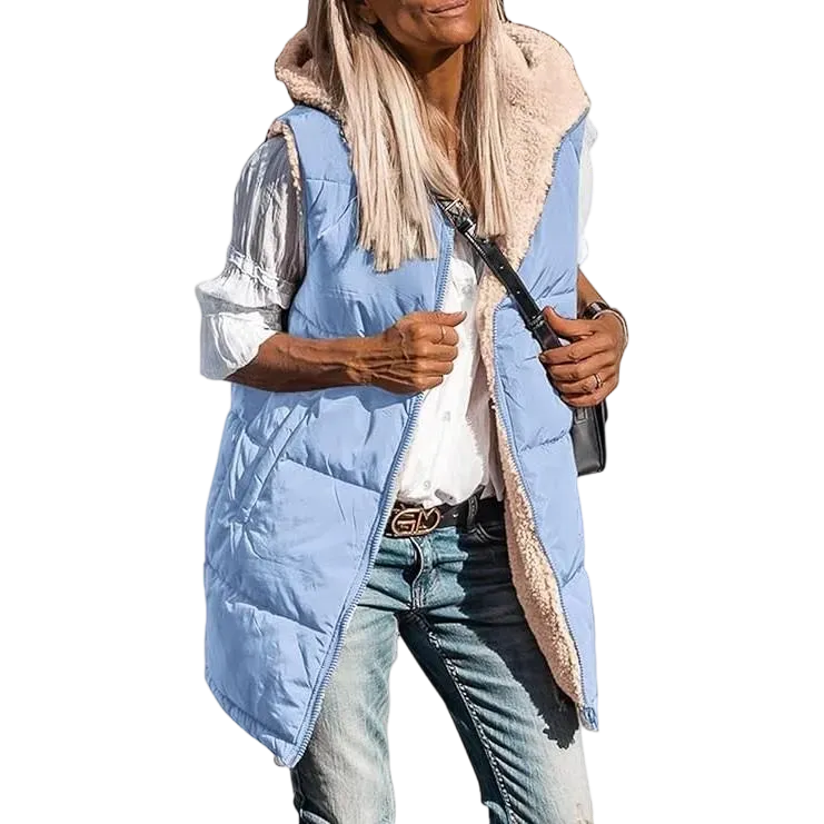 Women's military green double-faced fleece vest with pockets and a hood, long zip-up coat