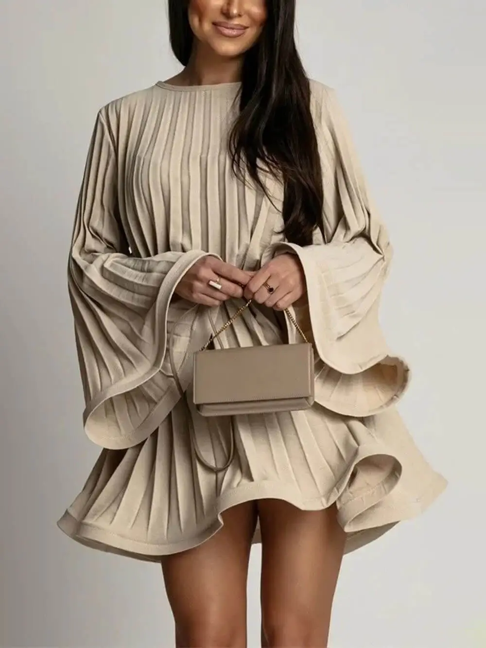 Round Neck Bell Sleeve Tie Mini Dress