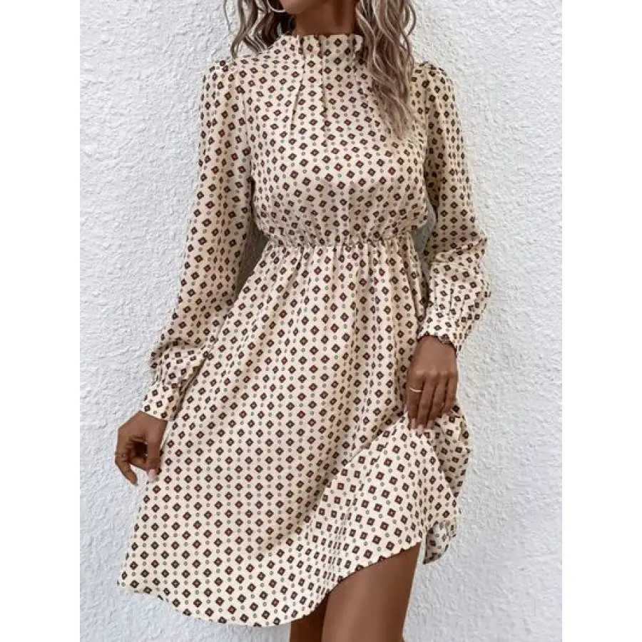 Printed Ruched Mock Neck Long Sleeve Dress