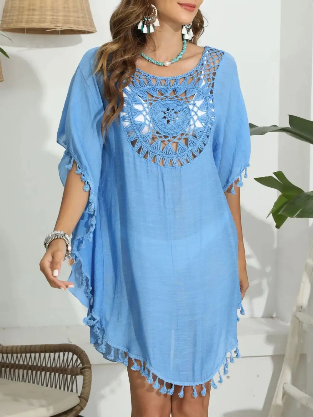 Tassel Crochet Round Neck Swim Cover Up