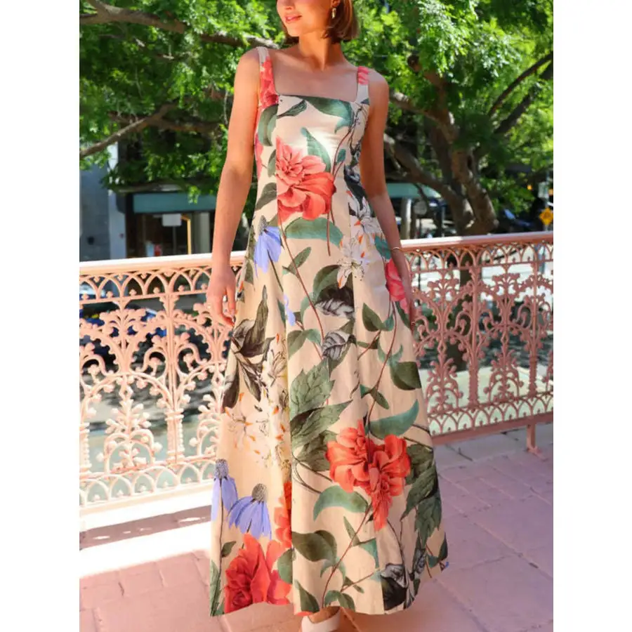 Relaxed Floral Print Square Neck Maxi Dress