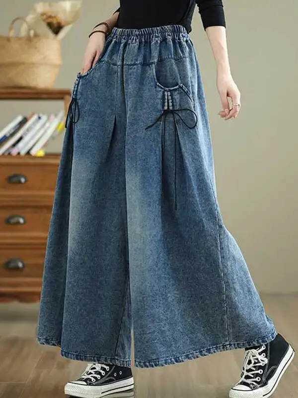 High Waist Relaxed Fit Wide Leg Pleated Elastic Waist Pocket Jeans