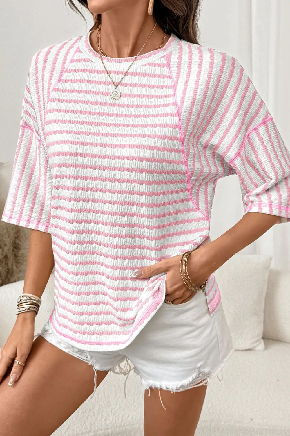 Striped Knit Half Sleeve Top