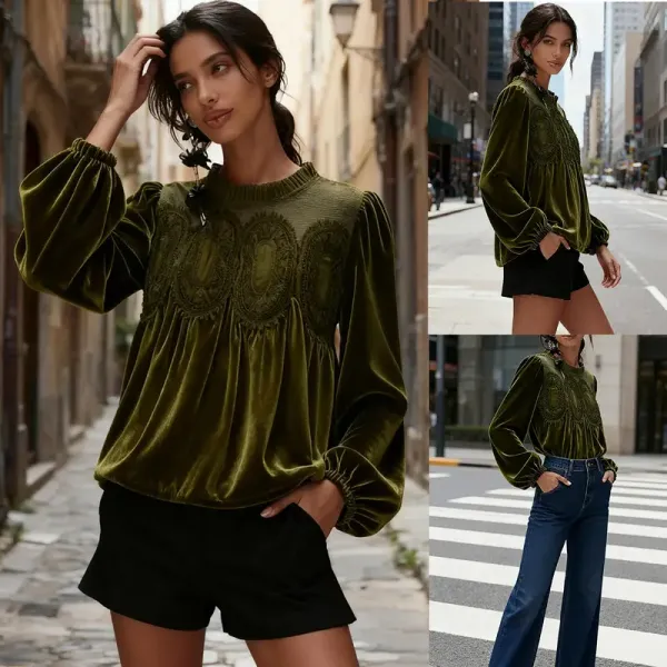 Women'S Long Sleeve Velvet Trim Lace Blouse Elegant Flared Swing Top