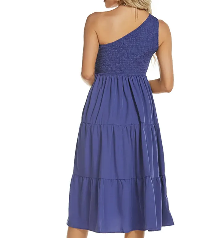 One-Shoulder Tiered Midi Dress with Smocked Bodice