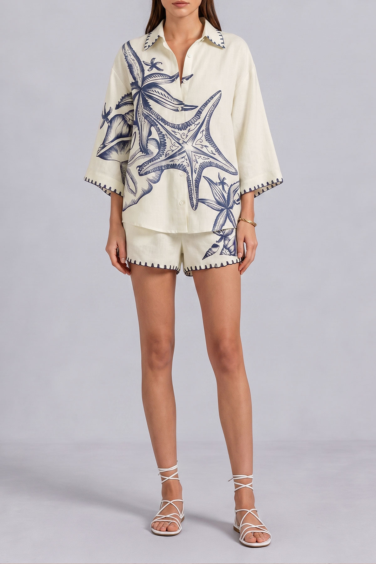 Button Front Printed Matching Shorts Set