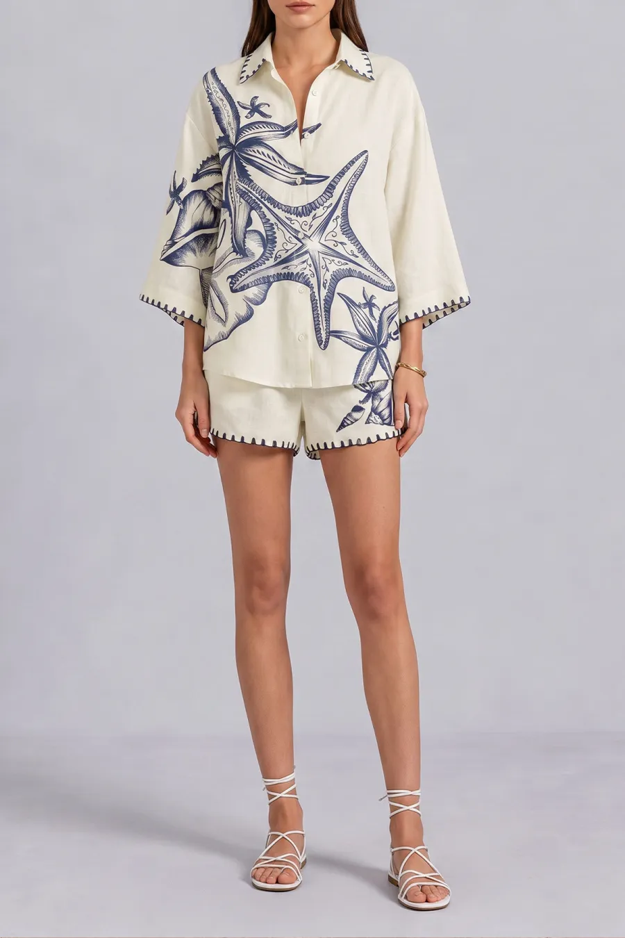 Button Front Printed Matching Shorts Set