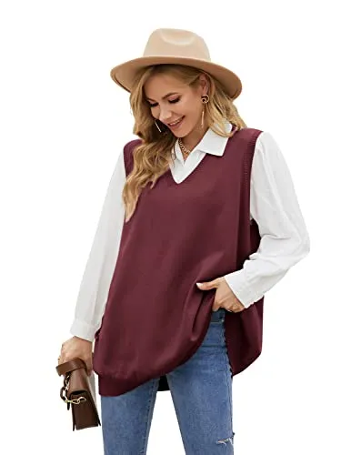 Sweater Vest Womens Knitted Oversized V Neck Sleeveless Sweater Knitwear Tank Tops with Pocket (S-3XL)