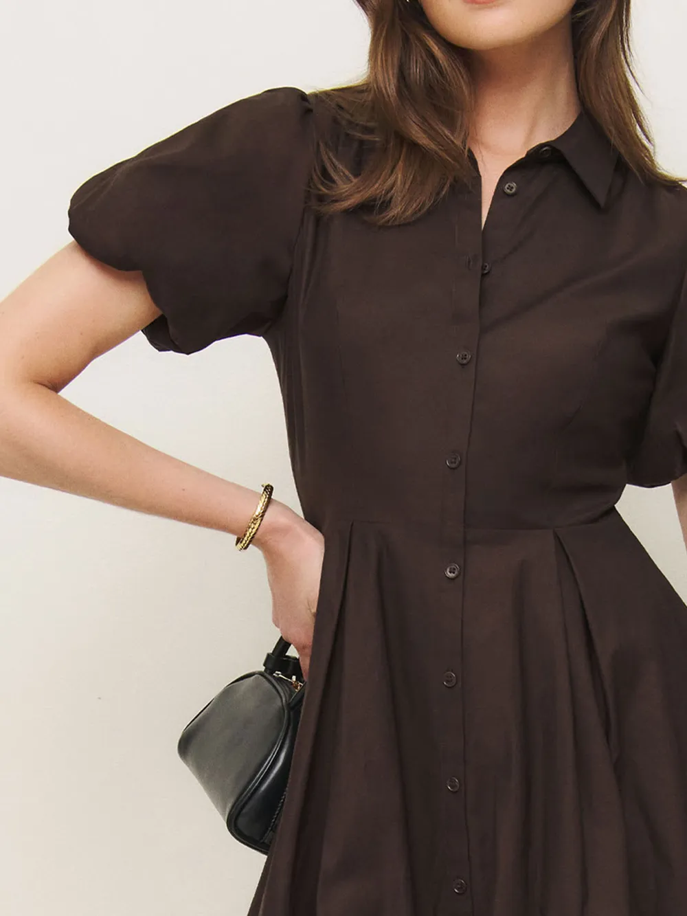 Button Front Puff Sleeve Mini Dress