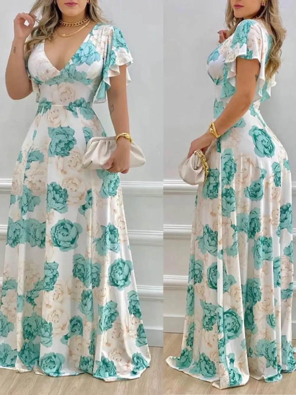 Floral Printed V Neck Maxi Dress