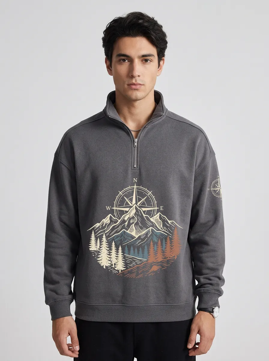 Men's Summit Outdoor Mountain Compass Graphic Zip-Neck Sweatshirt