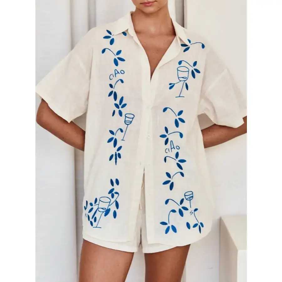 Embroidered Button Up Half Sleeve Top and Shorts Set