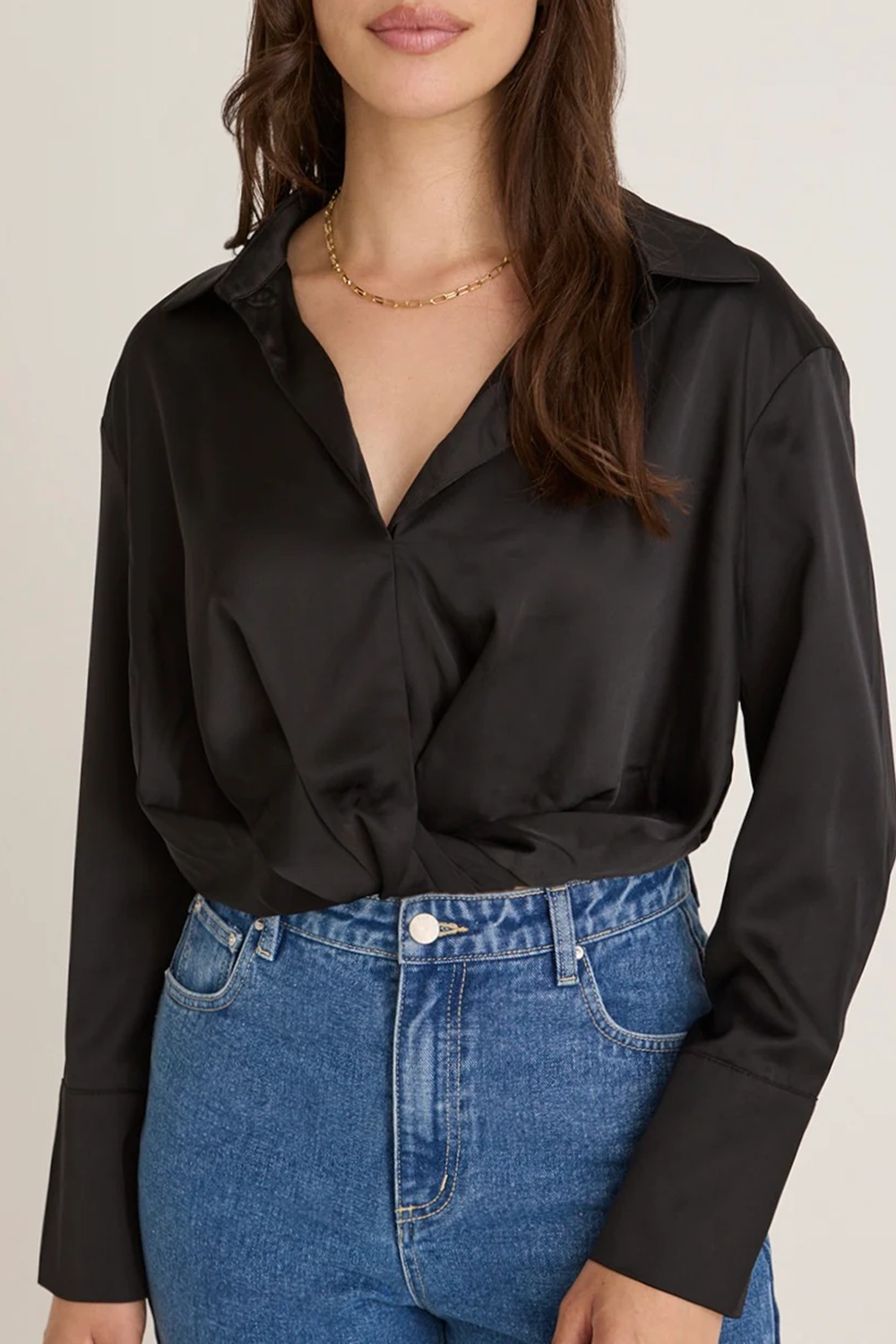 Black Satin Wrap Front Long - Sleeve