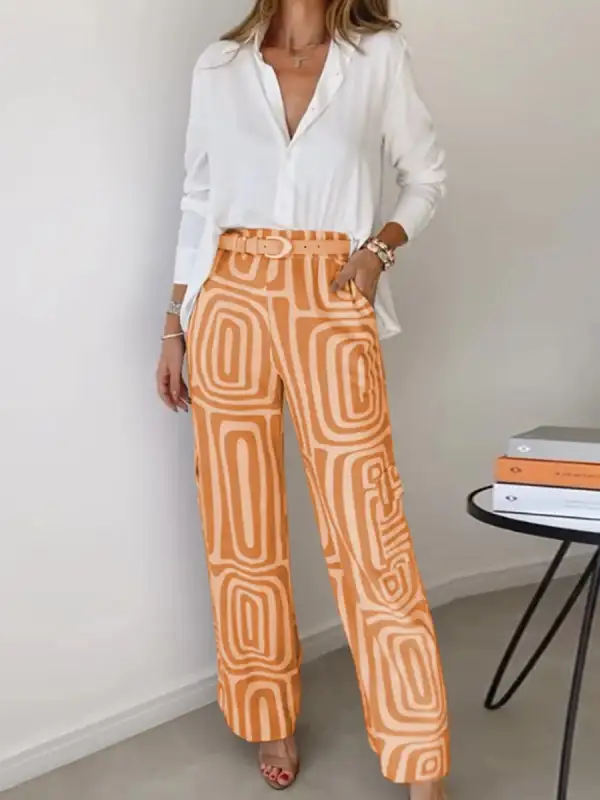 Long Sleeve Buttoned Lapel Blouse And Pants Set
