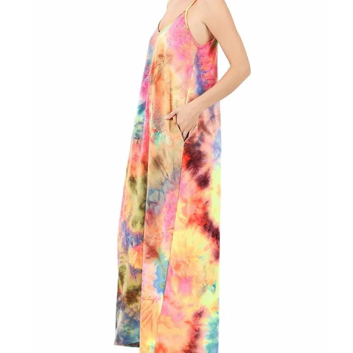 Women's Easy-Wear Pocketed V-Neck Tie-Dye Maxi Dress