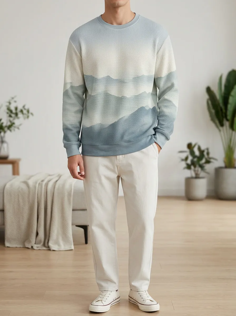 Men's Blue Landscape Waffle Knit Crewneck Sweatshirt