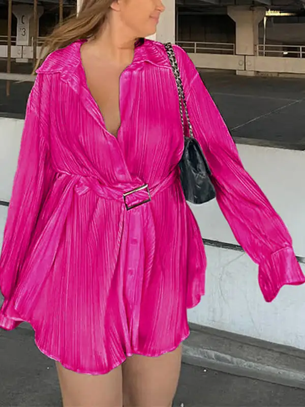 Long Sleeve Buttoned Pleated Solid Color Tied Waist Lapel Mini Dress