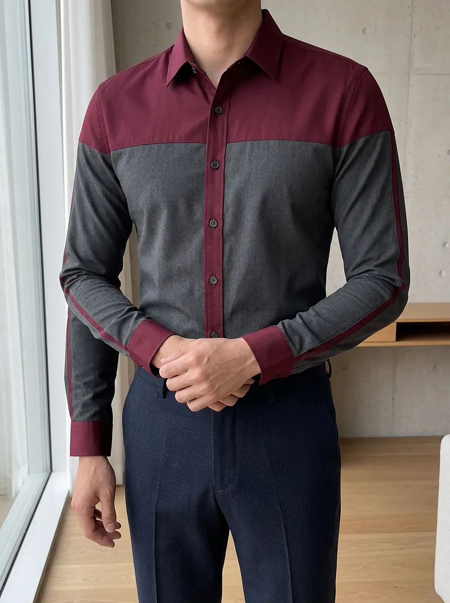 Men's Slim Fit Burgundy Grey Colorblock Long Sleeve Shirt