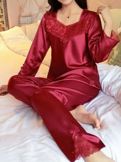 Flower Lace Satin Pajama Set