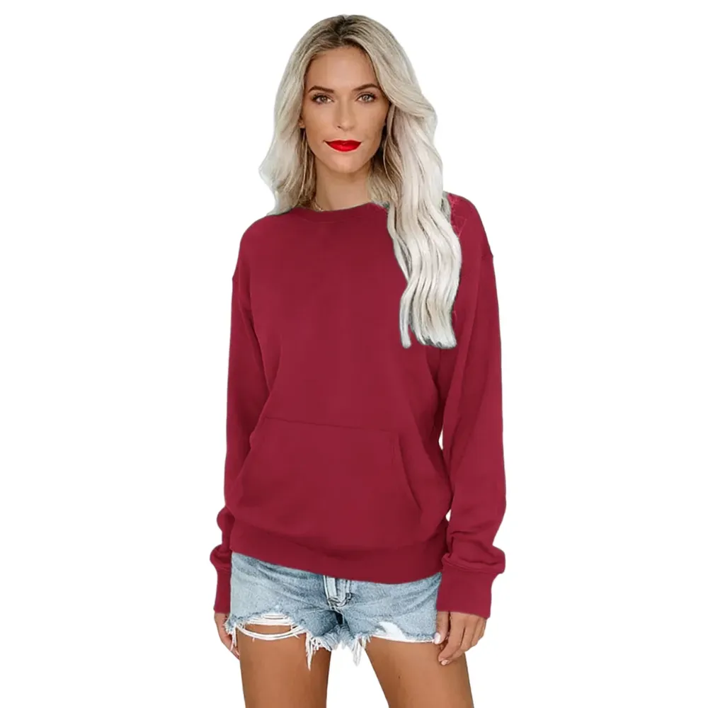 Women's Crewneck Hoodless Sweatshirt With Kangaroo Pocket Fleece Longsleeve Oversized Casual Style Shirt Lightweight Pullover