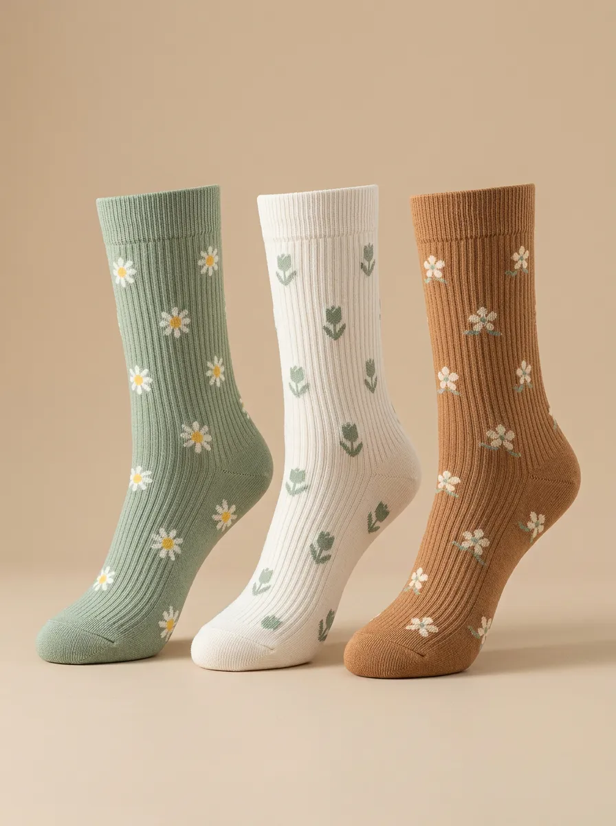 Botanical Daisy Tulip Floral Three Pair Sock Set