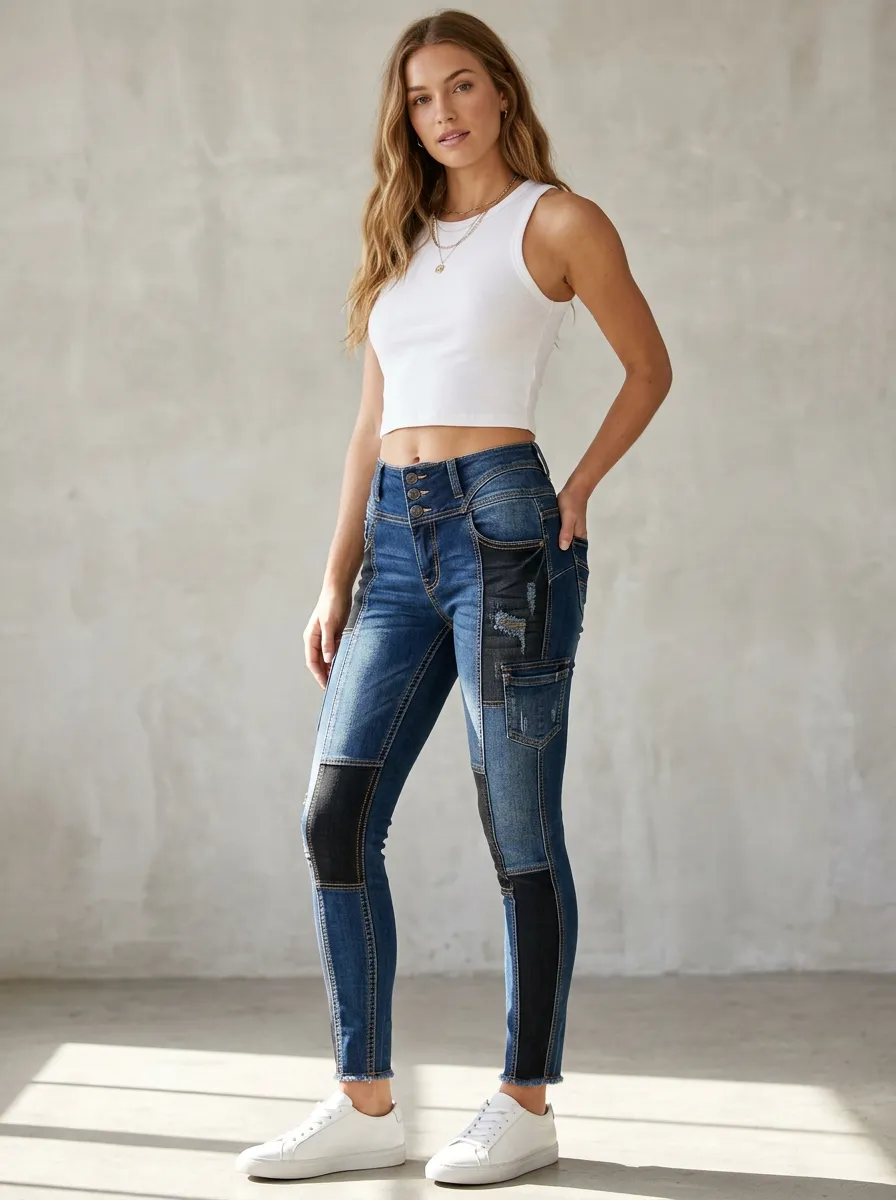Women's High-Waisted Colorblock Patchwork Distressed Skinny Jeans