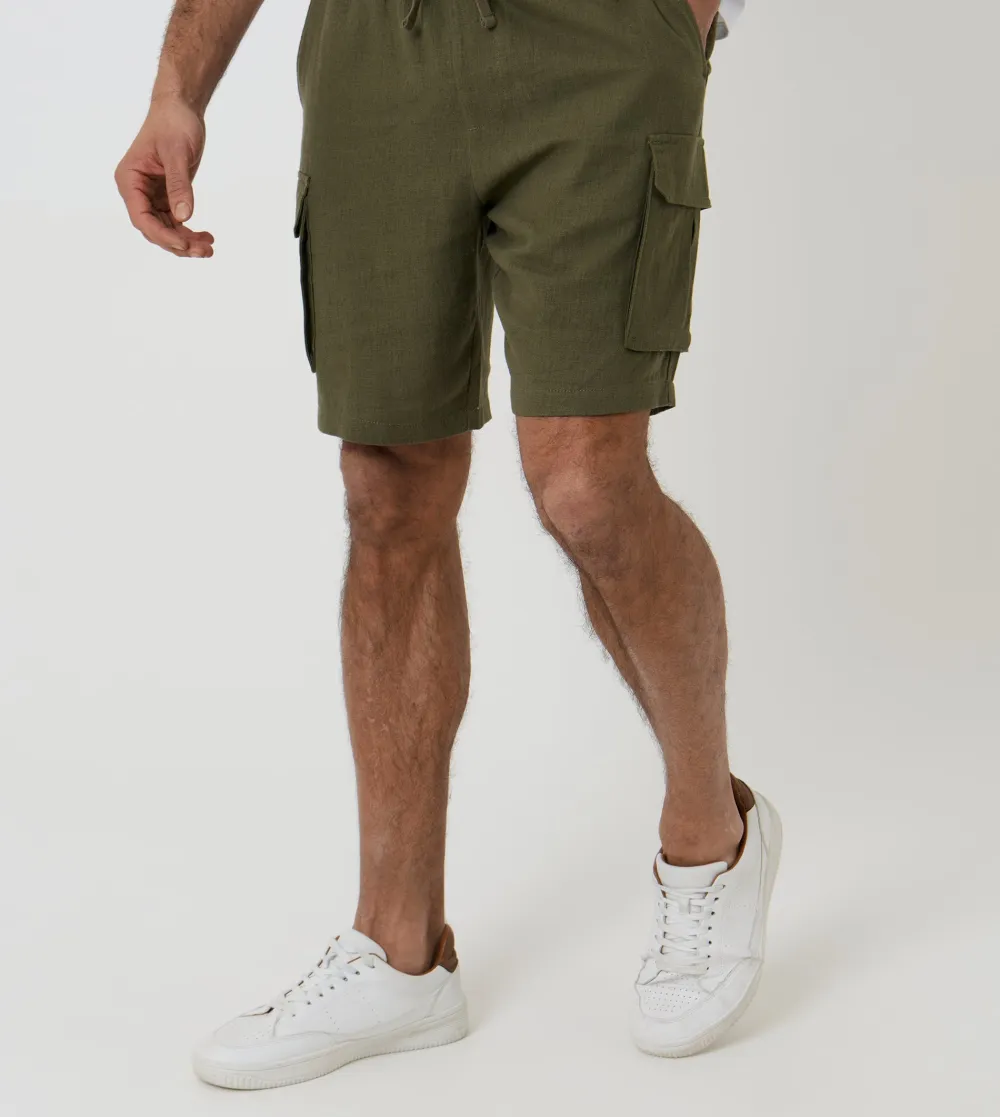 Men's Khaki Green Linen Blend Cargo Shorts