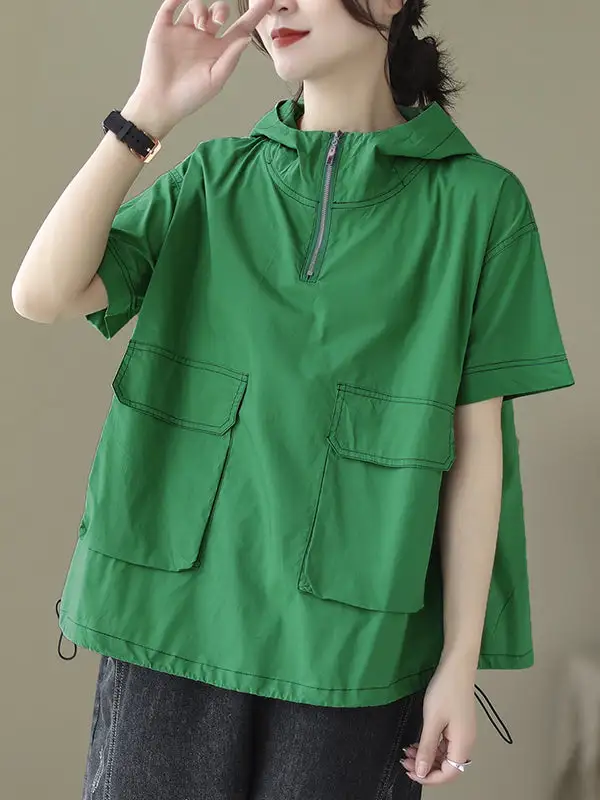 Relaxed Short Sleeve Zip Detail Hooded T-Shirt