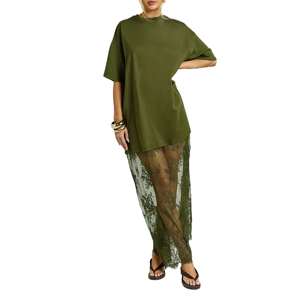 Women’s Oversized Tee Maxi Dress – Lace Hem Drop Shoulder Casual Chic