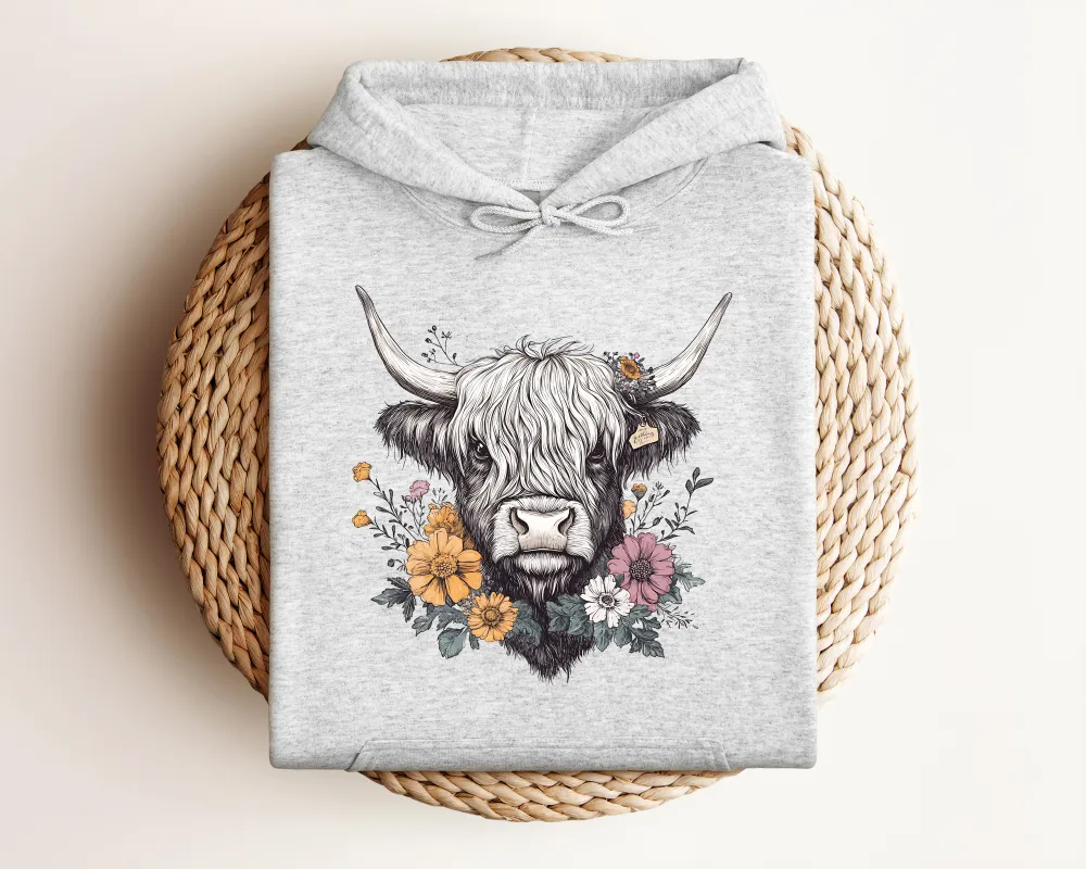 Highland Cow Floral Graphic Pullover Hoodie