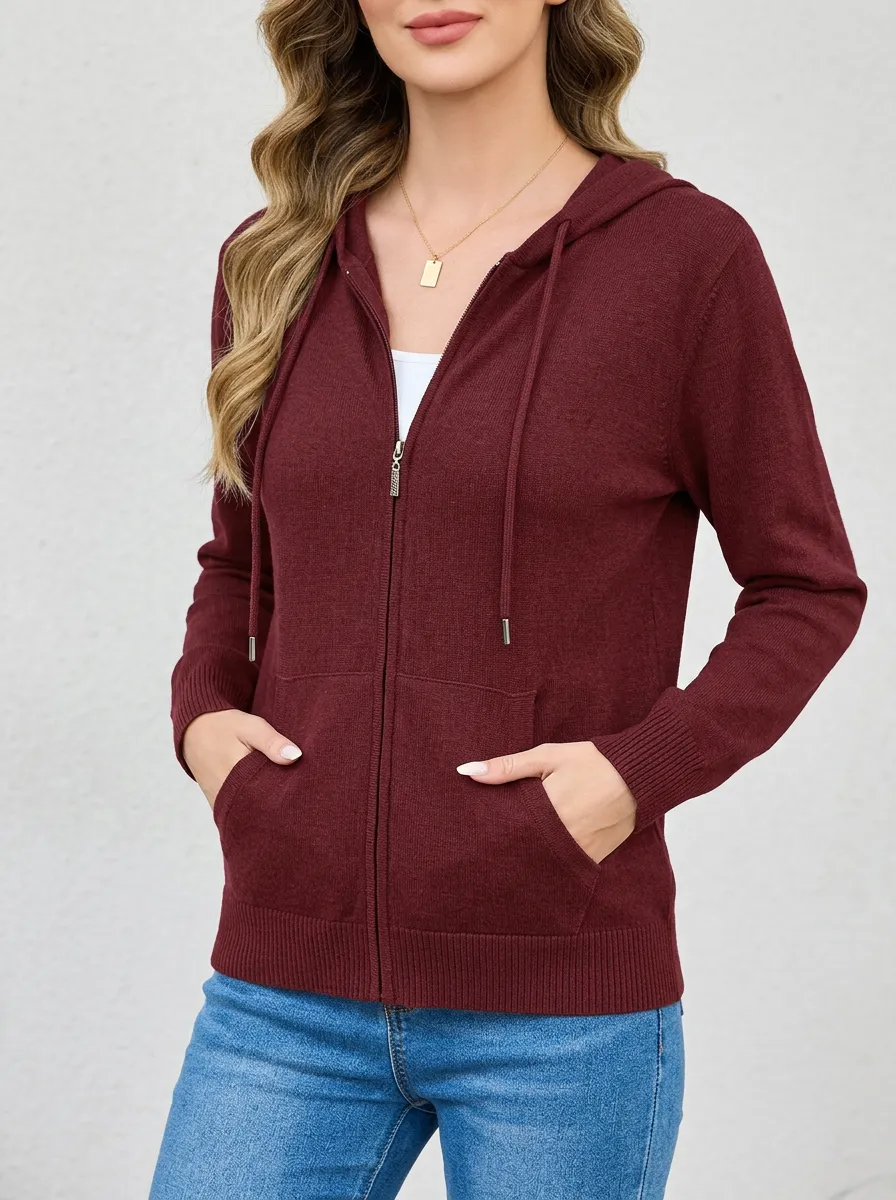 Knit-Texture Zip-Up Women's Zip-Up Hooded Jacket
