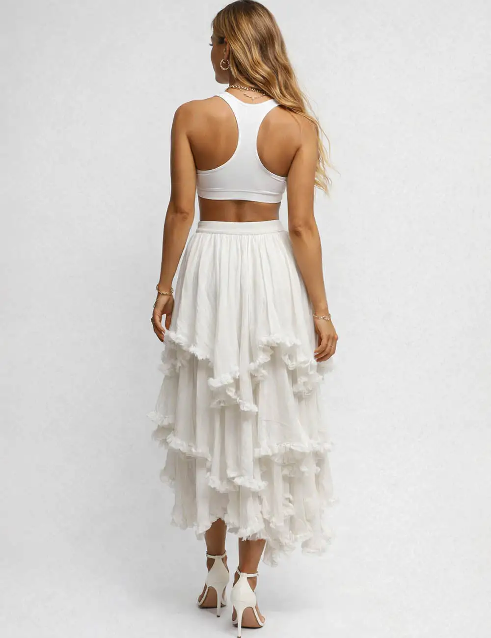 Sheer Mesh Elastic Waist Tiered Ruffle Midi Skirt