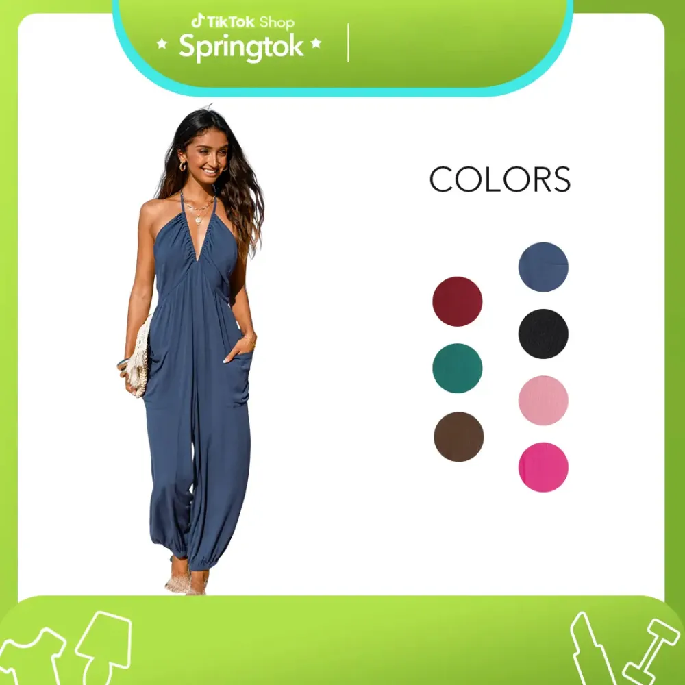 Women'S Basic Plunge Halter Sleeveless Pleated Long Romper Knit Jogger Maxi Jumpsuit With Pockets Spring Summer Womenswear Overalls