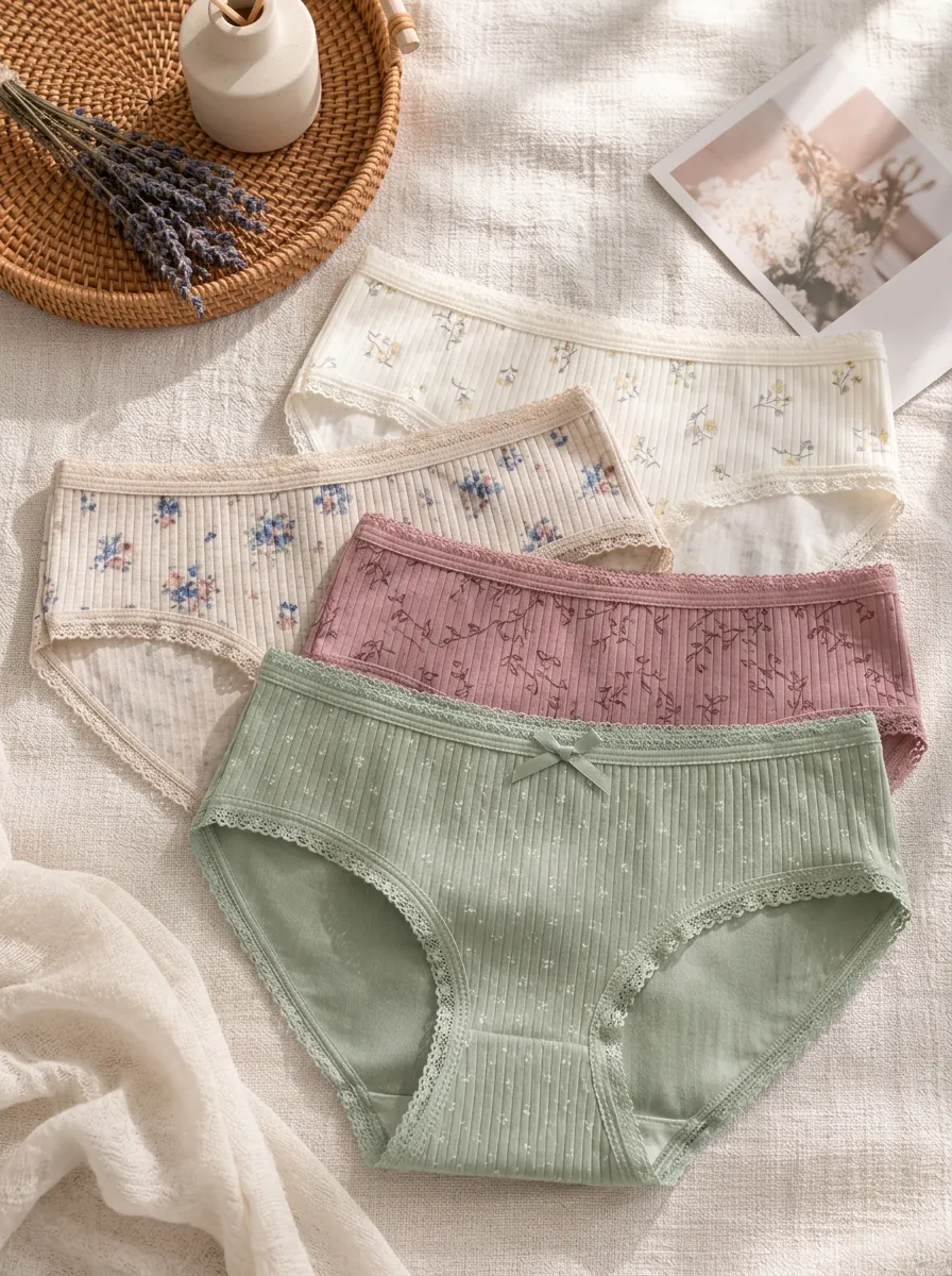 Women's Bow Detail Ribbed Floral Printed 4-Piece Panty Set