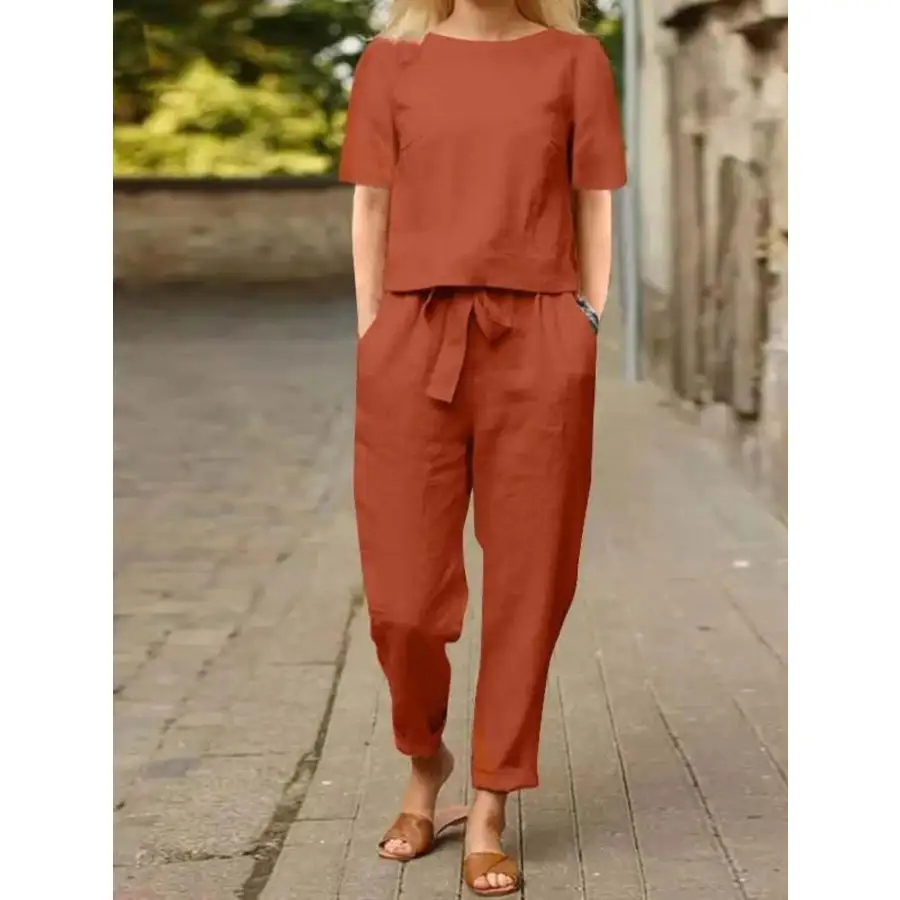 Relaxed Round Neck Short Sleeve Top and Pants Set