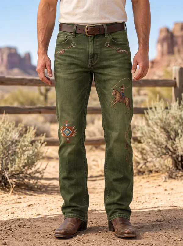 Men's Western Cowboy Horse Rodeo Tribal Printed Jeans