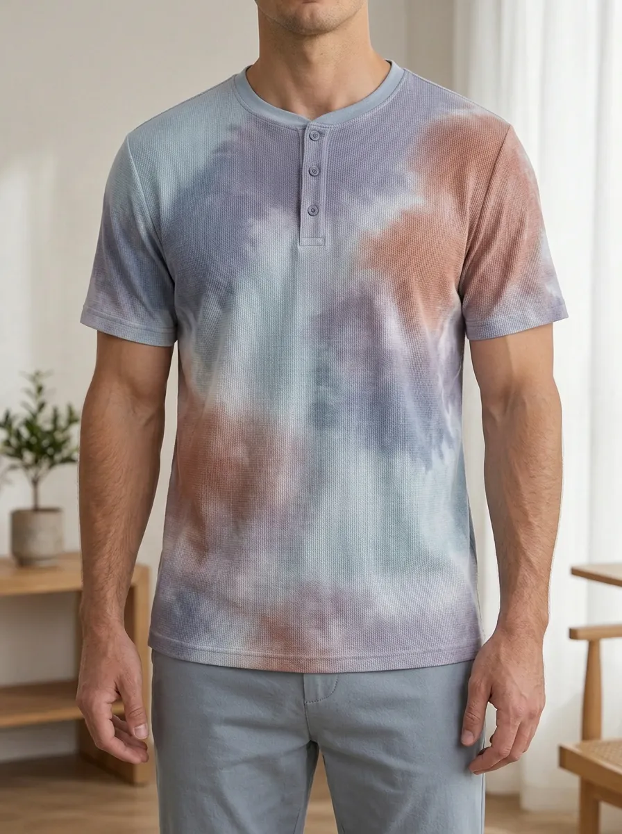Men's Modern Casual Tie-Dye Waffle Knit Henley T-Shirt
