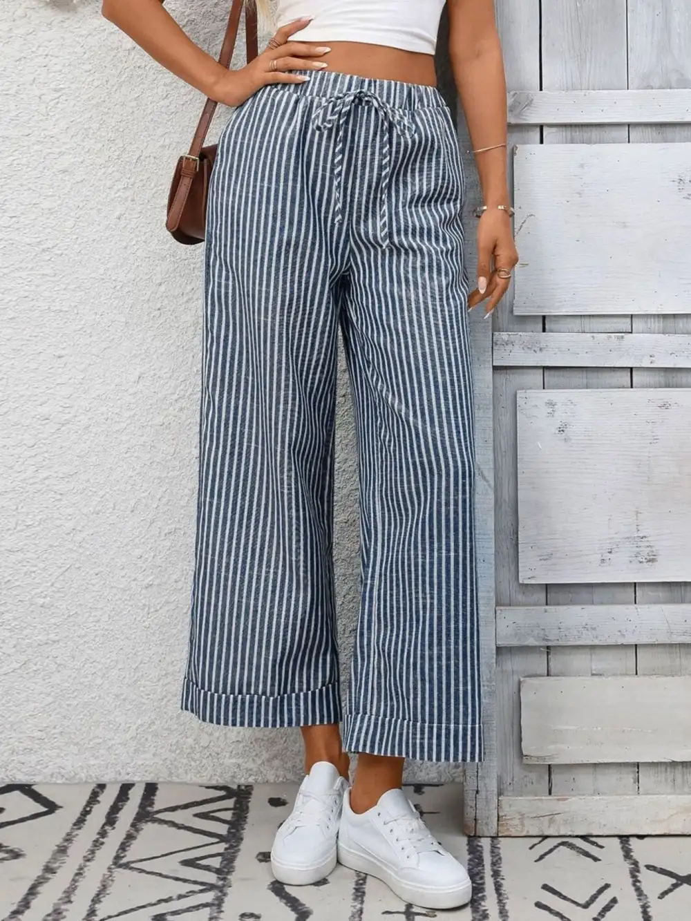 Wide Leg Striped Drawstring Pocketed Pants