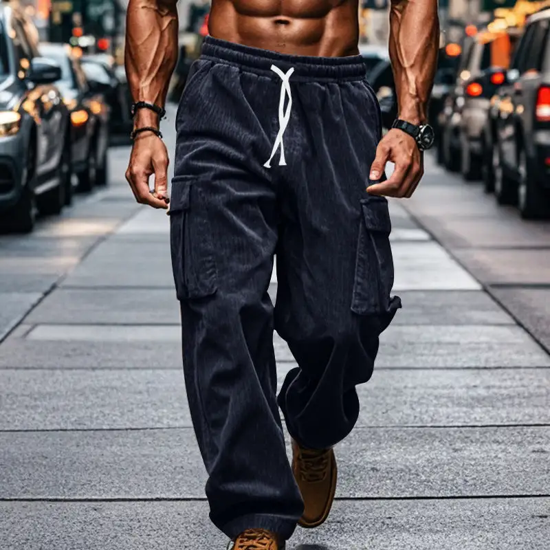 Men's Loose Corduroy Cargo Pants Waistband Pockets